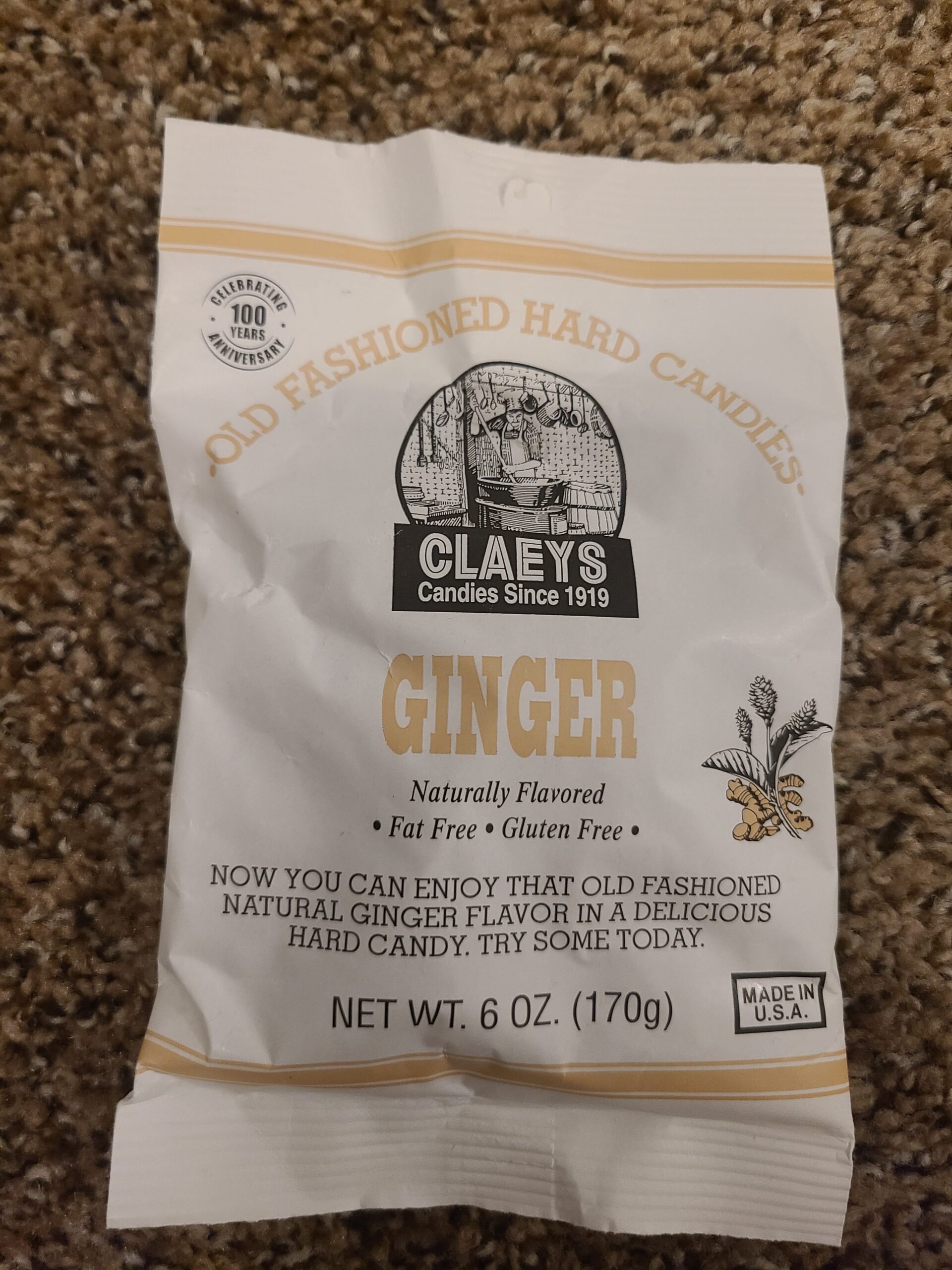Ginger Flavored Claeys Old Fashioned Hard Candy | Candies since 1919 | Fat Free | Gluten Free | Made in USA