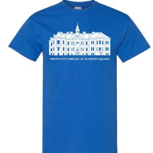 Provo City Library at Academy Square T-Shirt | Utah Provo Souvenir Tee | Unisex Gildan Heavy Cotton Royal Blue or Charcoal Gray Shirt | Size Small, 100% Cotton