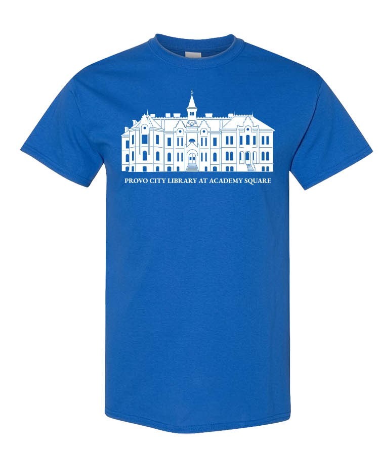 Provo City Library at Academy Square T-Shirt | Utah Provo Souvenir Tee | Unisex Gildan Heavy Cotton Royal Blue or Charcoal Gray Shirt | Size Small, 100% Cotton
