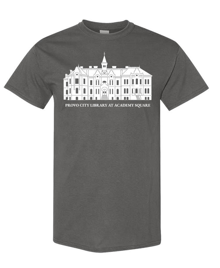 Provo City Library at Academy Square T-Shirt | Utah Provo Souvenir Tee | Unisex Gildan Heavy Cotton Royal Blue or Charcoal Gray Shirt | Size Small, 100% Cotton - Image 4