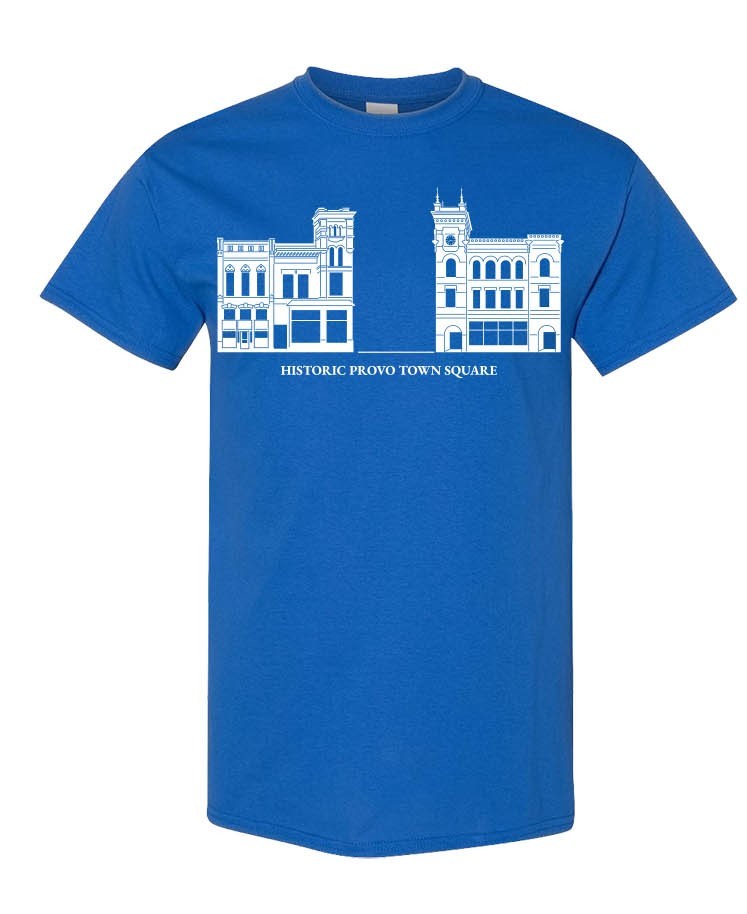 Historic Provo Town Square T-Shirt | Utah Provo Souvenir Tee | Unisex Gildan Heavy Cotton Royal Blue or Charcoal Gray Shirt | Size Small, 100% Cotton